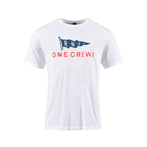 A white, short sleeved t-shirt with an RNLI print on the chest. 