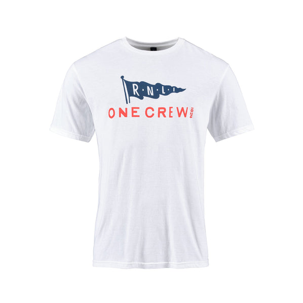 A white, short sleeved t-shirt with an RNLI print on the chest. 