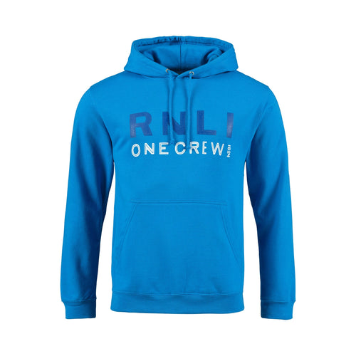 A blue RNLI hoodie with a contrasting chest print. With the words, "RNLI. One Crew."  