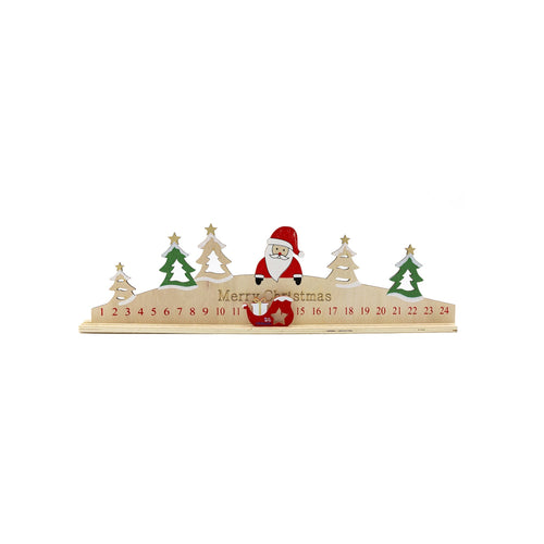 A wooden advent counter with a cut out Santa and Christmas trees. It says the words, 'Merry Christmas' on the front. 
