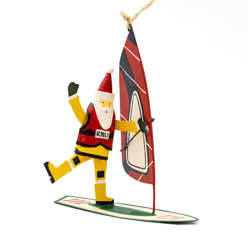 A hanging RNLI Windsurfing Santa Decoration.