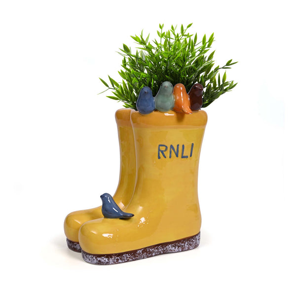 RNLI Yellow Welly With Birds Planter, Small