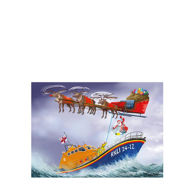 An RNLI Saving Santa Christmas Card. The cartoon design shows Santa being rescued from his sleigh by lifeboat crew. 