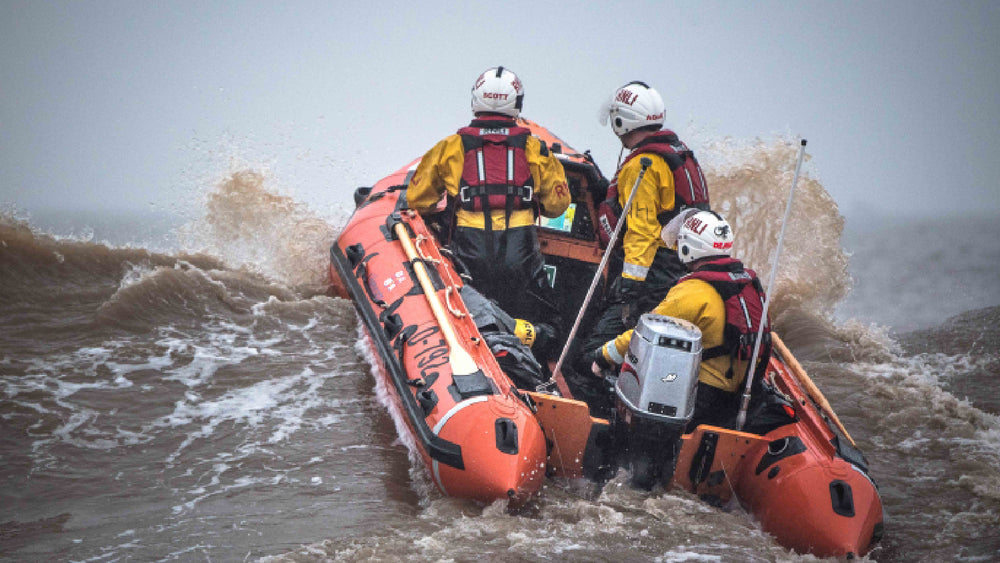  Brave Skegness RNLI Crew volunteers on a training exercise on D-class inshore lifeboat 