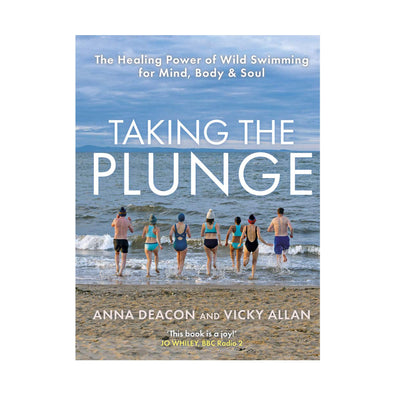 The front cover of a book with a group of swimmers walking out into the sea. The title says, 