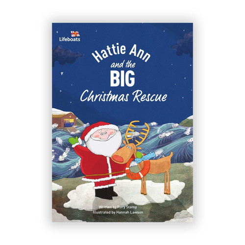 A childrens book with an illustration of santa and a reindeer standing by a stormy sea.