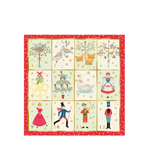 A red, gold foil and light green illustrated Christmas card with birds, five gold rings, and characters from the song. 
