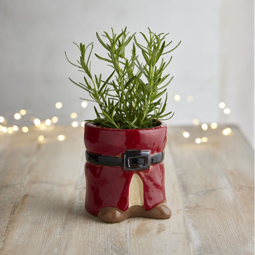 A red plant pot in the shape of Santa's boots.