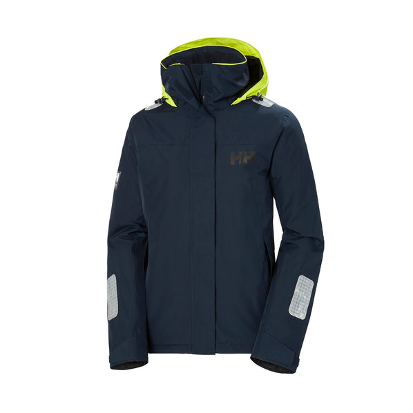 A navy jacket with a full length zip, neon yellow hood and reflective details on the arms and shoulders. The HH logo is on the left chest in black. 