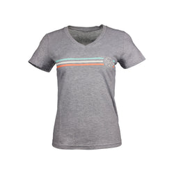 A women's RNLI grey, short sleeved t-shirt with an RNLI logo and stripe design across the chest.