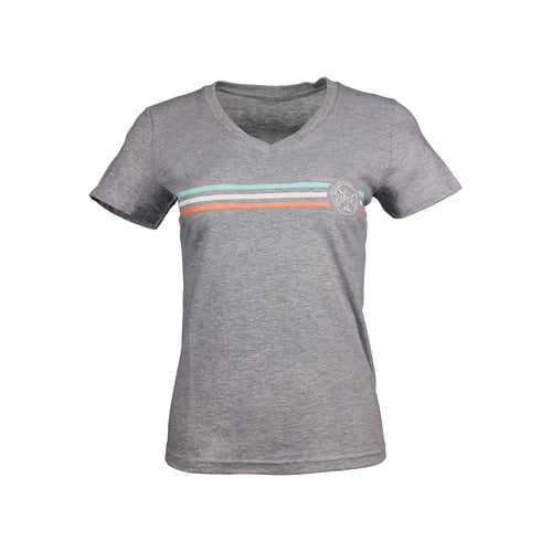 A women's RNLI grey, short sleeved t-shirt with an RNLI logo and stripe design across the chest.