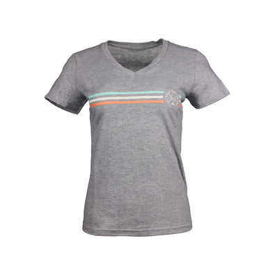 A women's RNLI grey, short sleeved t-shirt with an RNLI logo and stripe design across the chest.
