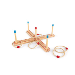 A Wooden Ring Toss Game with five rope throwing hoops