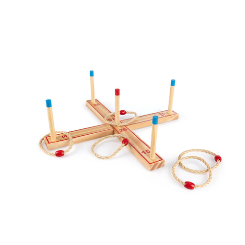 A Wooden Ring Toss Game with five rope throwing hoops