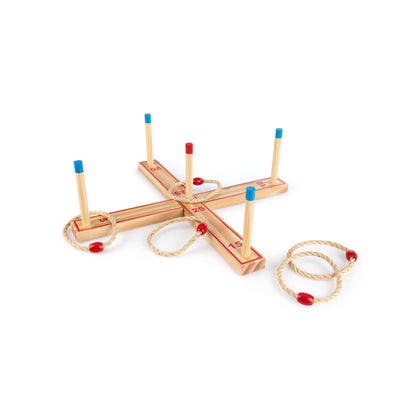 A Wooden Ring Toss Game with five rope throwing hoops