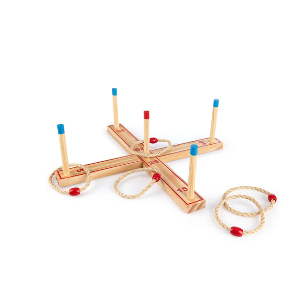 A Wooden Ring Toss Game with five rope throwing hoops