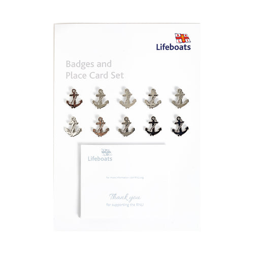 A pack of 10 RNLI silver Anchor pin badges with individual place cards included.