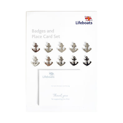 A pack of 10 RNLI silver Anchor pin badges with individual place cards included.