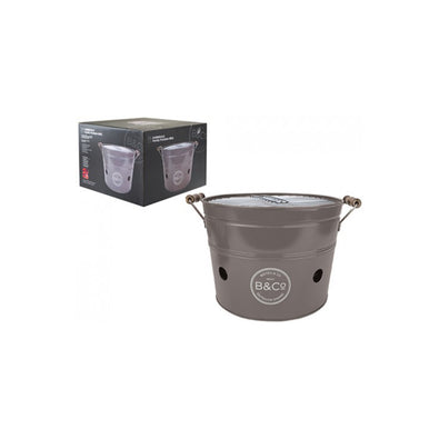 A Portable Bucket BBQ in Grey with handles. Comes packaged in a box.