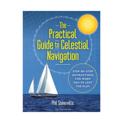Celestial Navigation Book cover. A blue background featuring navigation chart lines with a sailing boat image. The cover features the title in yellow, 'The Practical Guide to Celestial Navigation.' and the strapline says, 'Step by step instructions for when you've lost the plot.'