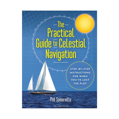 Celestial Navigation Book cover. A blue background featuring navigation chart lines with a sailing boat image. The cover features the title in yellow, 'The Practical Guide to Celestial Navigation.' and the strapline says, 'Step by step instructions for when you've lost the plot.'