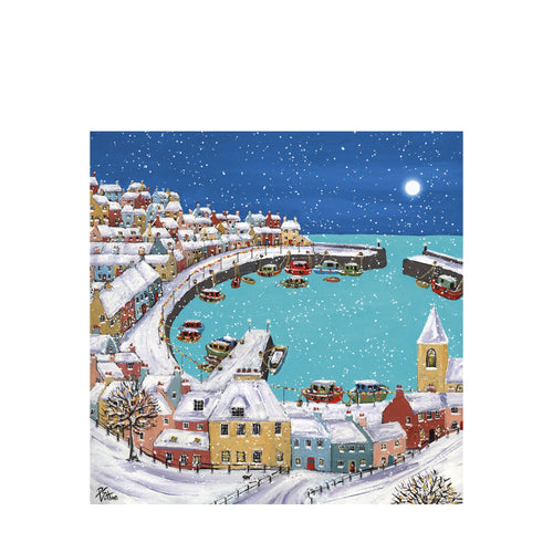 A square christmas card of a snowy harbour scene with fishing boats.