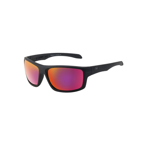 A pair of Dirty Dog Axle Sunglasses with black frames and red polarised lenses. 