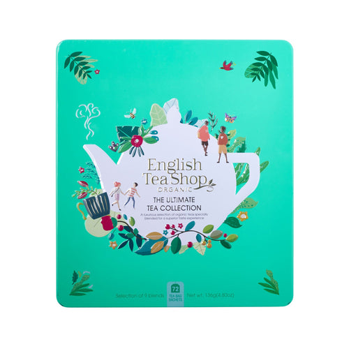 English Tea Shop Ultimate Tea Collection presented in a turquoise tin with an embossed illustrated design on the lid. The design shows a white tea pot surrounded by flora and fauna.