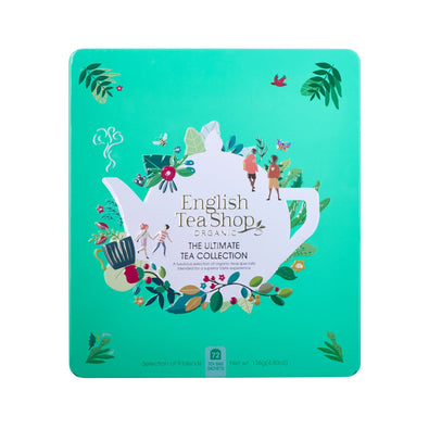 English Tea Shop Ultimate Tea Collection presented in a turquoise tin with an embossed illustrated design on the lid. The design shows a white tea pot surrounded by flora and fauna.