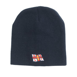 A navy beanie hat with the RNLI flag logo embroidered on the front