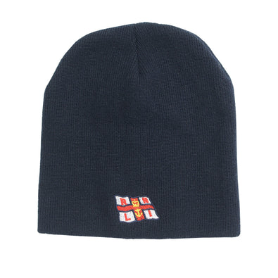 A navy beanie hat with the RNLI flag logo embroidered on the front