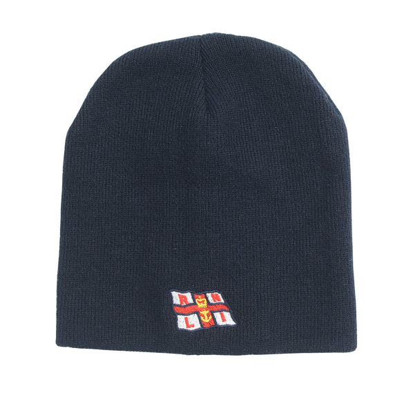 A navy beanie hat with the RNLI flag logo embroidered on the front