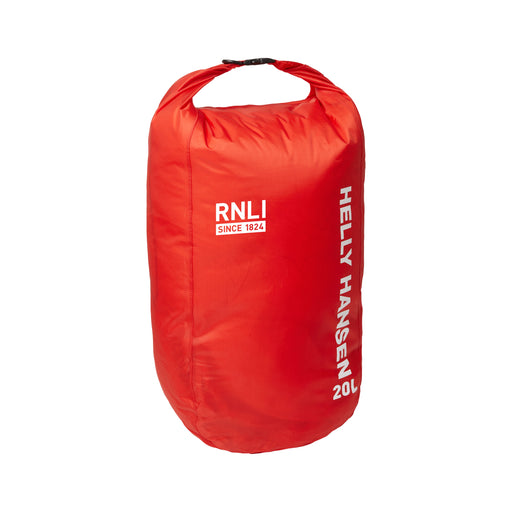 This red dry bag has 'Helly Hansen' printed on the front alongside the RNLI Since 1824 logo. It has a roll top closure with a black clip to keep your valuables safe.