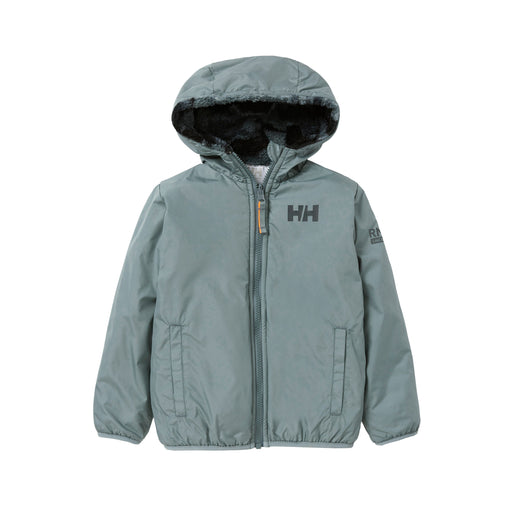 Helly Hansen RNLI Kid's Champ Reversible Jacket, Trooper Camo. A blue grey, full zip jacket with the Helly Hansen logo on the left chest and the RNLI Since 1824 logo on the sleeve. The jacket has a hood and pockets on the front. 
