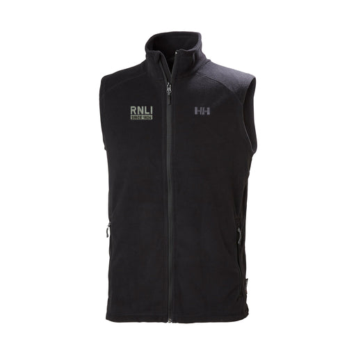 A black, sleeveless vest with a full front zip and the RNLI logo in white on the right chest with the Helly Hansen logo in white on the left chest. 