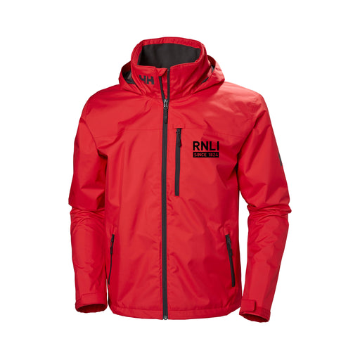 A bright red jacket with a high collar featuring the HH logo in black. It has a full length black zip and two hand pockets. The RNLI since 1824 logo is printed in black on the left chest.