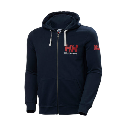 A navy hoodie with a full zip. It features a contrasting white drawcord in the hood and the HH Helly Hansen logo in red and white in the left chest. The RNLI Since 1824 logo is on the left sleeve in red.