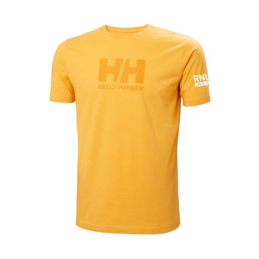 A warm yellow, short sleeve tshirt. It has the HH logo on the chest in a darker yellow and the RNLI Since 1824 logo on the sleeve in white.