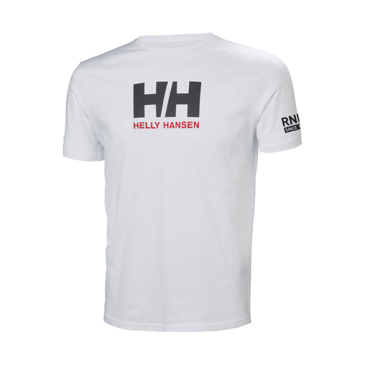 Helly Hansen RNLI Men's Logo T-shirt White with short sleeves and a round neck. it features a large H/H logo on the chest in black with Helly Hansen written underneath in red. It also has the RNLI Since 1824 logo on the left sleeve in black.