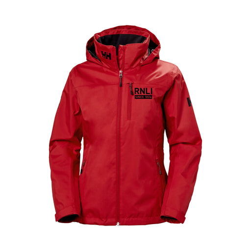 Helly Hansen RNLI Women's Hooded Midlayer Jacket, Red. A full zip jacket with front and chest pockets. The RNLI Since 1824 logo is on the left chest and the Helly Hansen logo is on the left sleeve. The jacket has a high collar to protect you from the elements and a hood. The lining of the jacket is black. 