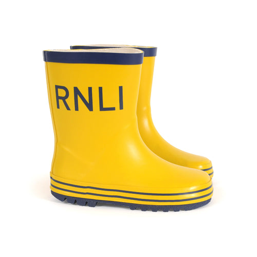 Kid's Navy and Yellow Wellington boots with RNLI lettering in navy blue, and blue rubber soles.
