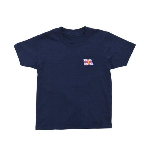 Kids Flag T-shirt in navy with an RNLI flag logo on the left chest. It has a round neck and short sleeves.