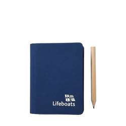 A mini, navy notepad with a small wooden pencil. 