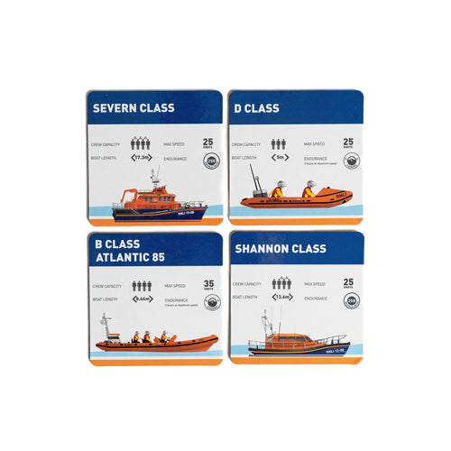 Lifeboats Stats Coasters, Set of 4. Each coaster features the type of boat printed in white on a navy band running along the top. There is an illustration of the corresponding lifeboat on each coaster as well as visual information printed in black explaining the specifications of each boat. 