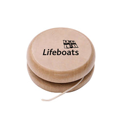 A light wood yo-yo with the RNLI Lifeboats logo in black printed on one side.