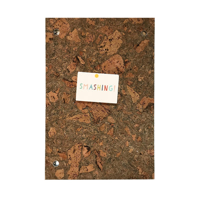 A rectangular cork notice board with two eyelets for hanging.
