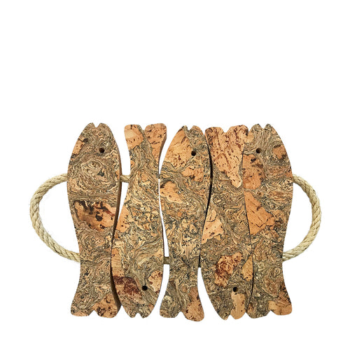 A trivet in the shape of five fish linked together with rope.