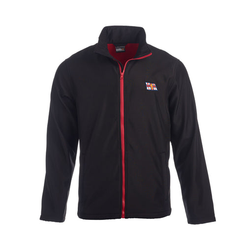 A black softshell jacket with a contrasting, full length, red zip. It has a high neck collar and the RNLI flag logo on the left chest.