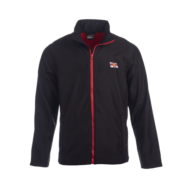 A black softshell jacket with a contrasting, full length, red zip. It has a high neck collar and the RNLI flag logo on the left chest.