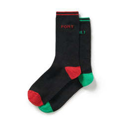 A pair of Men's socks in black. The right foot has red contrasting details and says, 